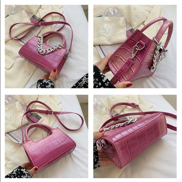 Crocodile Print Handbag with Silver Chunky Chain Link - Picture 4 of 5